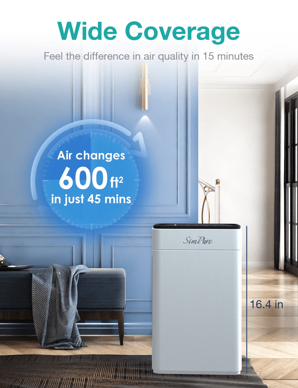 SimPure HP8 HEPA Air Purifier Air Filter Cleaner for Large Room 800 Sq Ft, Removal Allergies, Fire Smoke, Dust, White