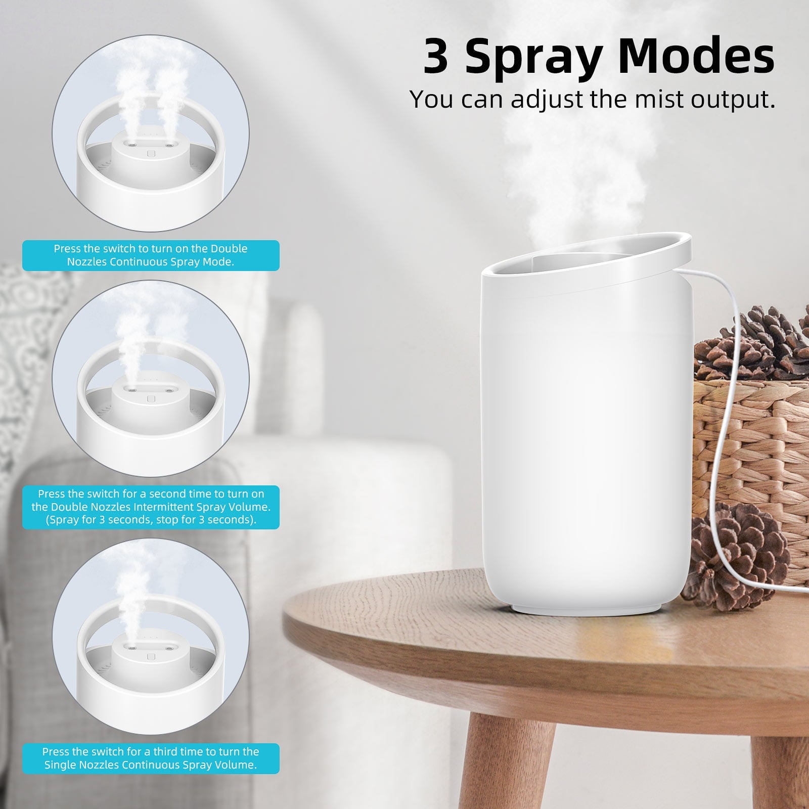 PcEoTllar Humidifier for Room,  Top Fill 2.5 L Cool Mist Quiet Ultrasonic Humidifier for Baby, Humidifiers for Bedroom Large Room (0.66 Gallon ,US 110V ),White