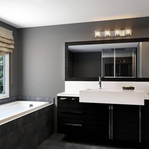 Crystal Cube 31 in. 4-Light Chrome Modern Vanity Light Bar for Bathroom with Clear Glass