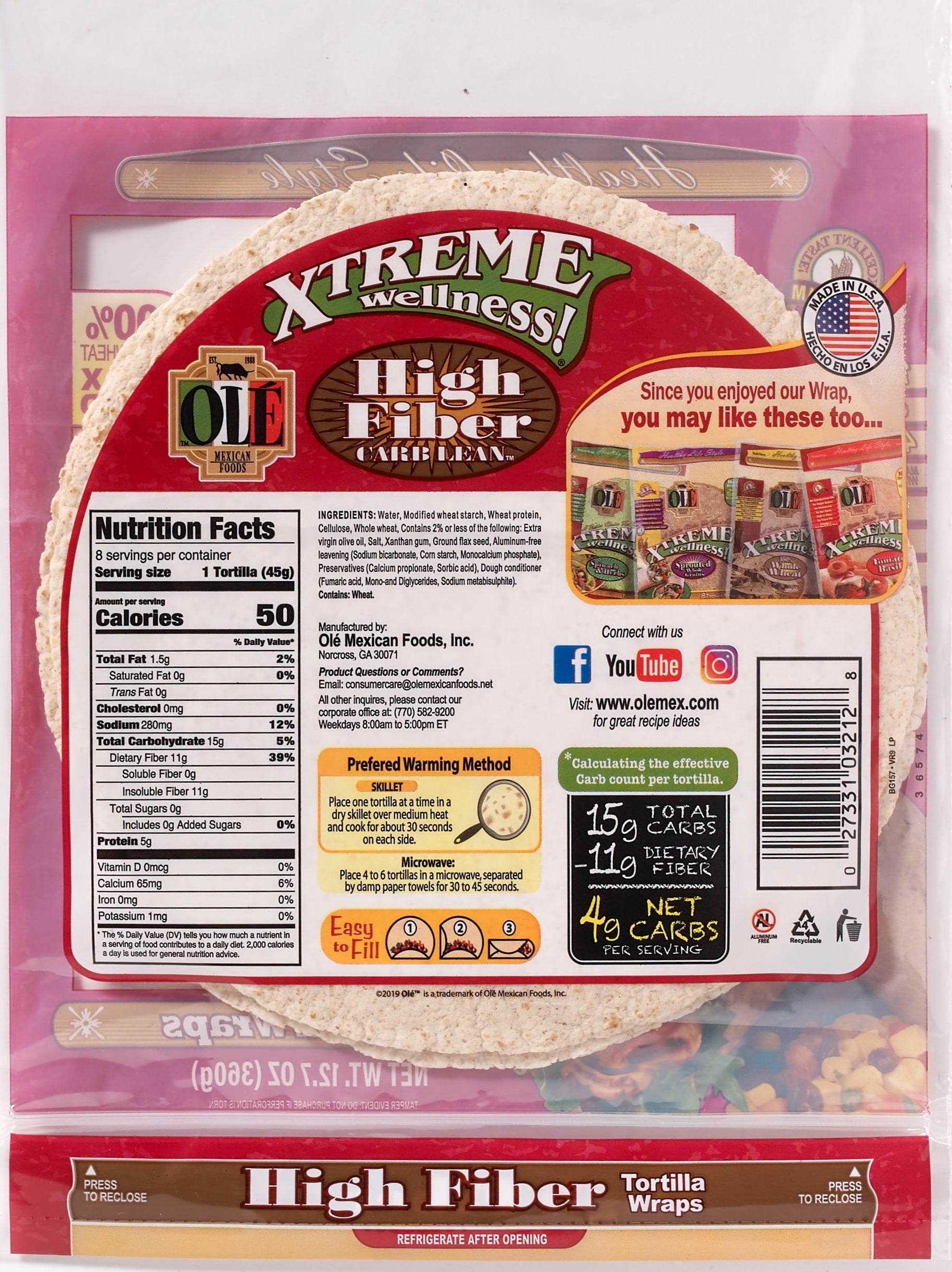 Olé Mexican Foods, Xtreme Wellness! High Fiber Carb Lean Tortilla Wraps, Regular, 8 count, 12.7 oz