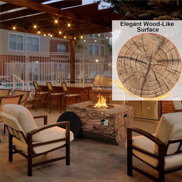 Rectangle Propane 40 in. Stone Metal Fire Pit Table Wood-Like Surface with Lava Rock PVC Cover