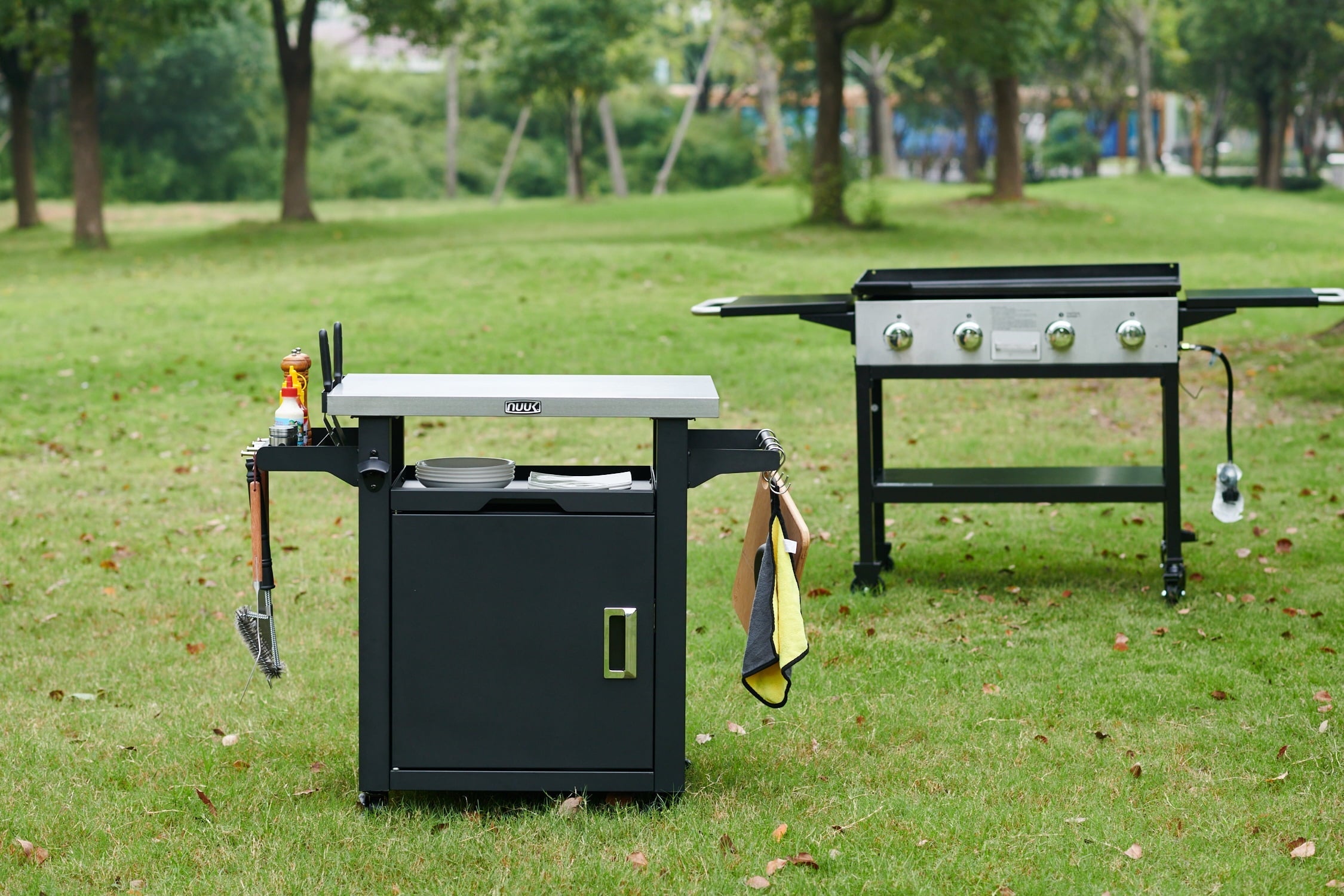 Deluxe 30IN Outdoor Rolling Grill Cook Station, Bar Table with Patio Storage Cabinet and Outdoor Dining Table, Black