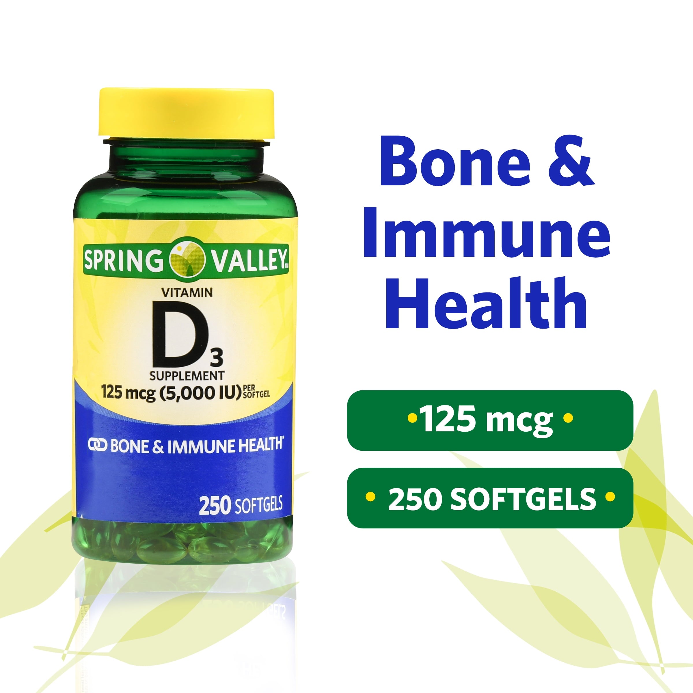 Spring Valley Vitamin D3 Softgels, 125 mcg per Softgel, 5,000 IU, 250 Count