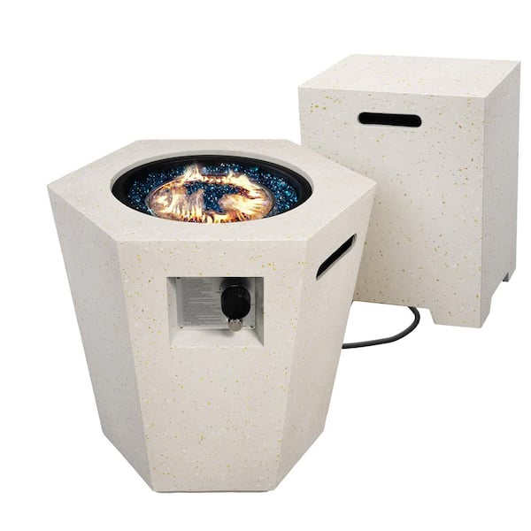 24 in. x 22 in. 40,000 BTU Beige Hexagon Geometric Terrazzo Outdoor Propane Gas Fire Pit Table with Propane Tank Cover