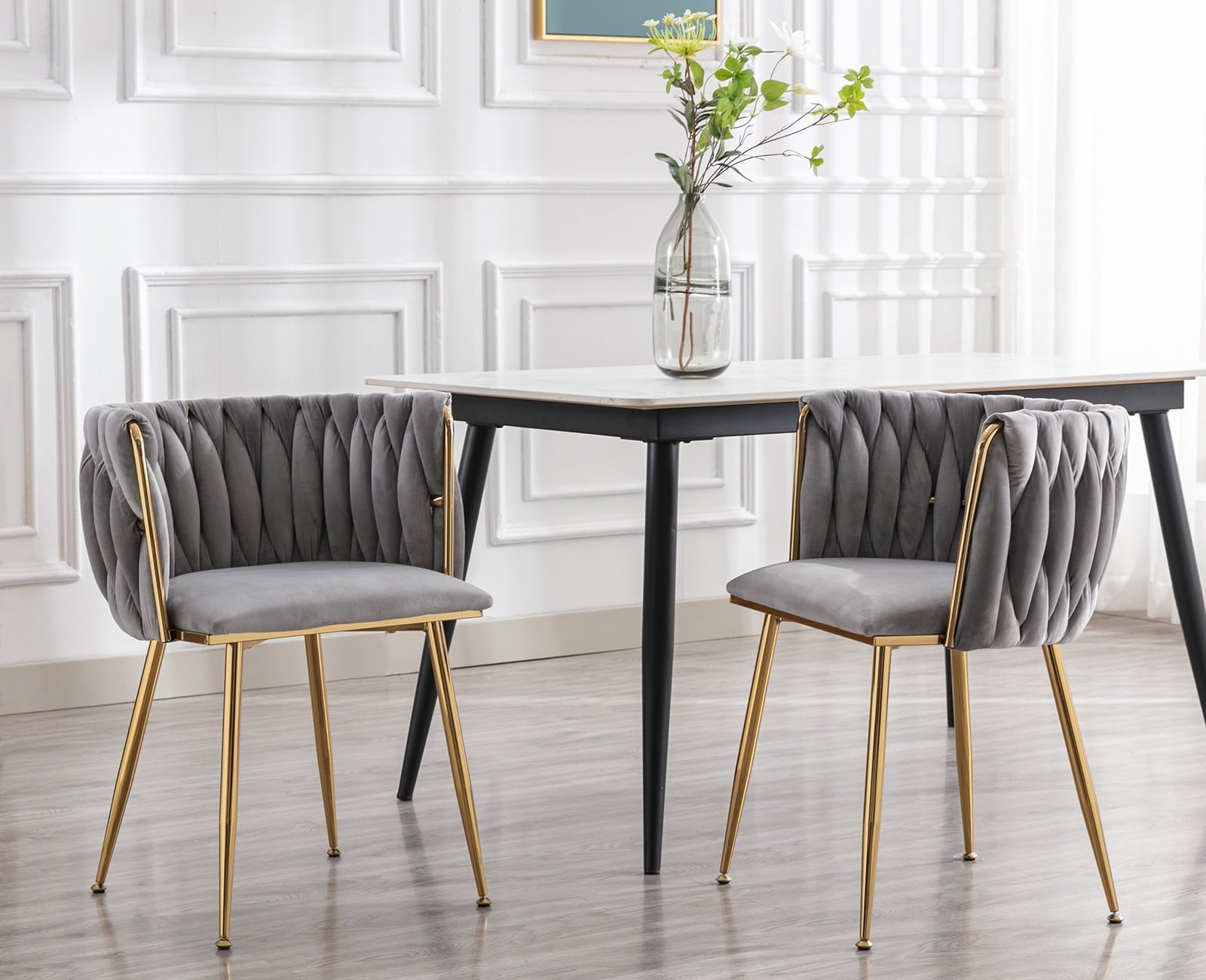 Guyou Velvet Dining Chair Set of 2, Modern Upholstered Accent Side Chair with Woven Back and Metal Legs, Vanity Chair Kitchen Chair for Living Room Dining Room Bedroom, Teal Green