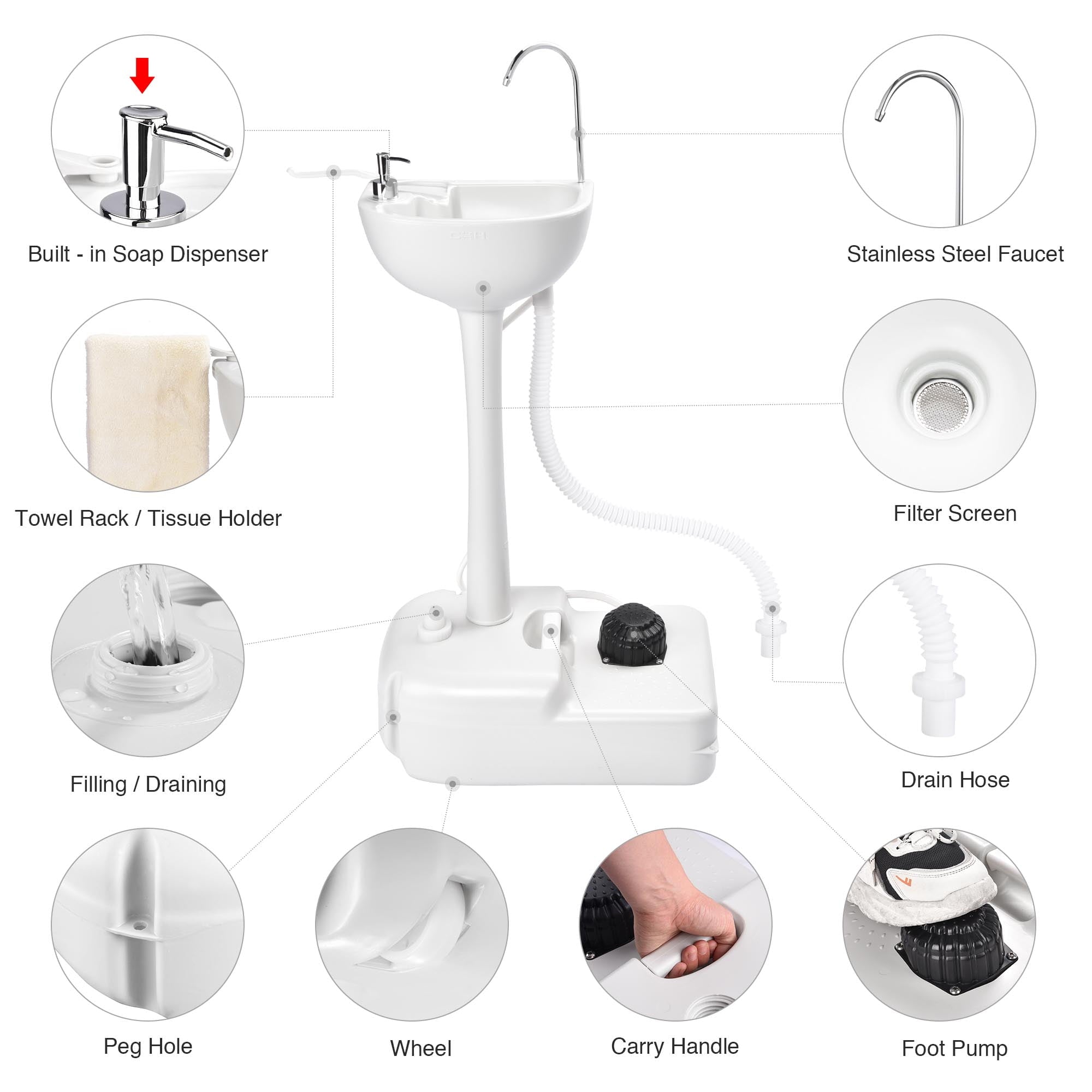 17L Portable Camping Sink Hand Wash Stand with 24L Tank Hands-free Operation Hand Washing Station for Outdoor