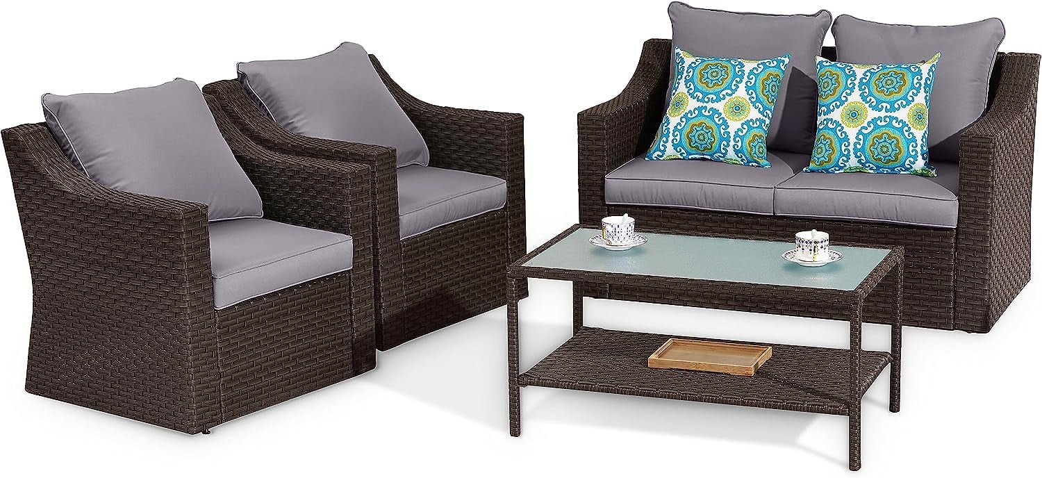 CozyHom 5 Pcs Outdoor Patio Wicker Furniture Sofa Set Clearance Sectional Conversation Couch Chair Sofa Set With Coffee Table, Grey