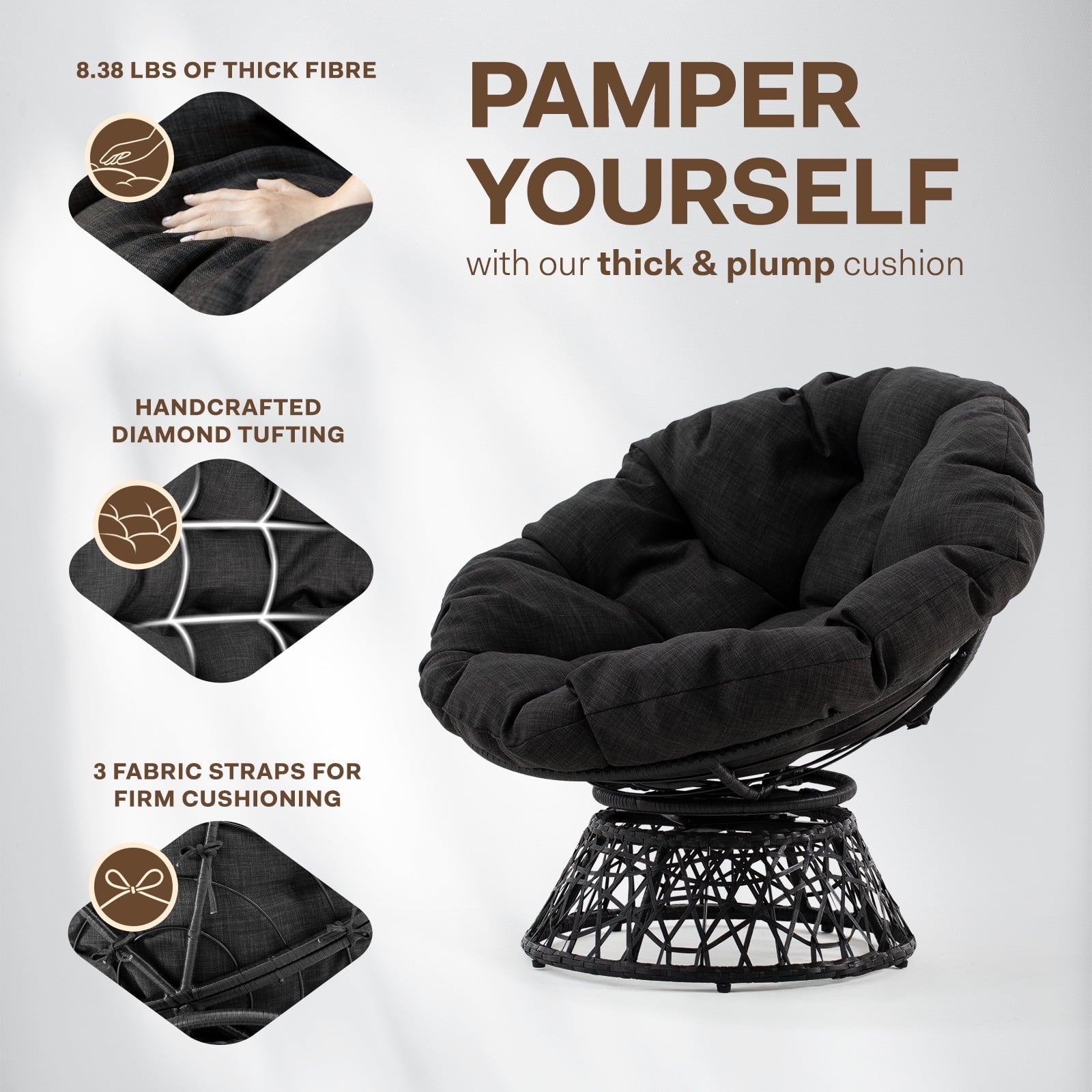 Aile Papasan Chair Soft Thick Density Fabric Cushion Steel Frame with 360 Degree Swivel, Black