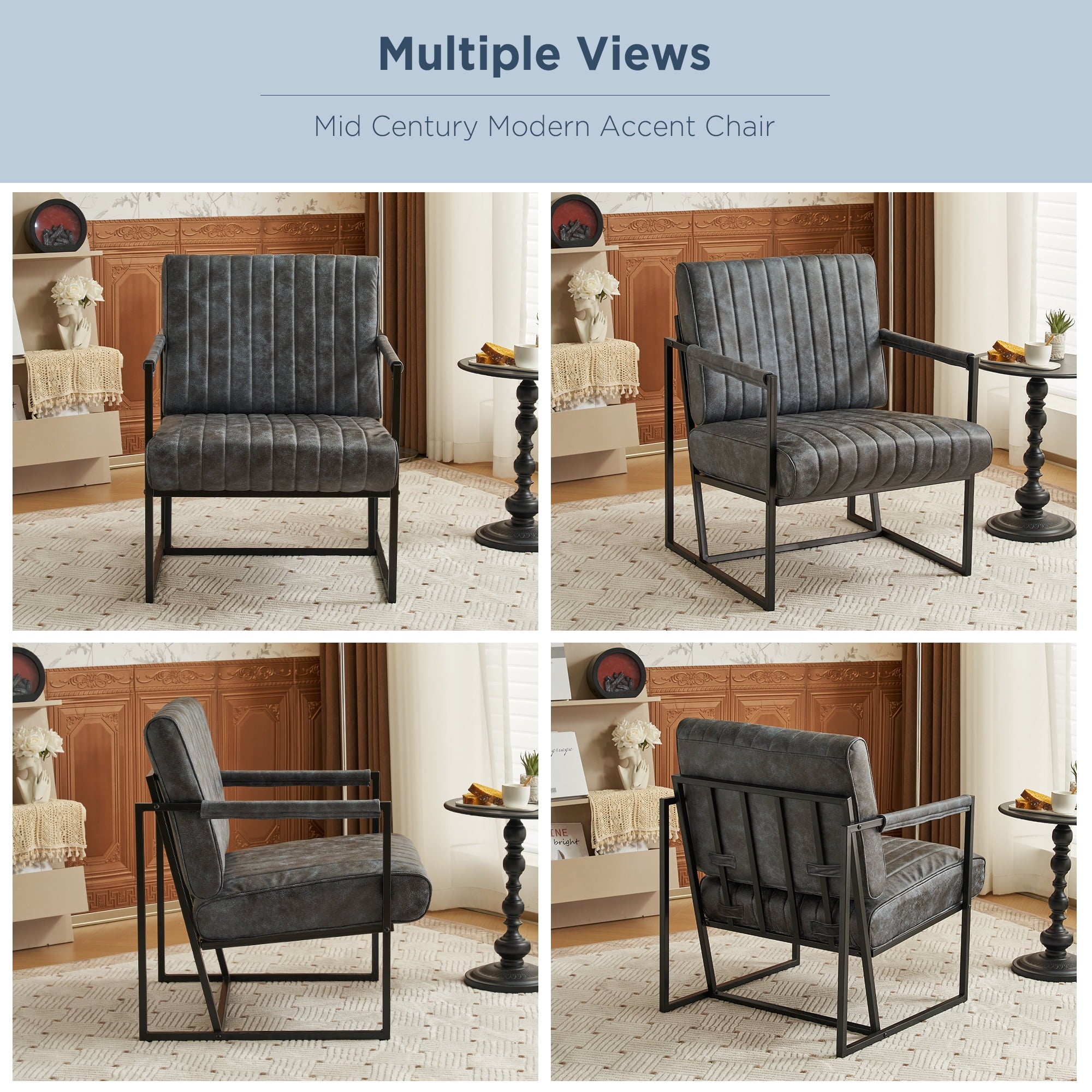 AUSTUFF Leather Accent Chairs Set of 2 with Metal Frame, Gray