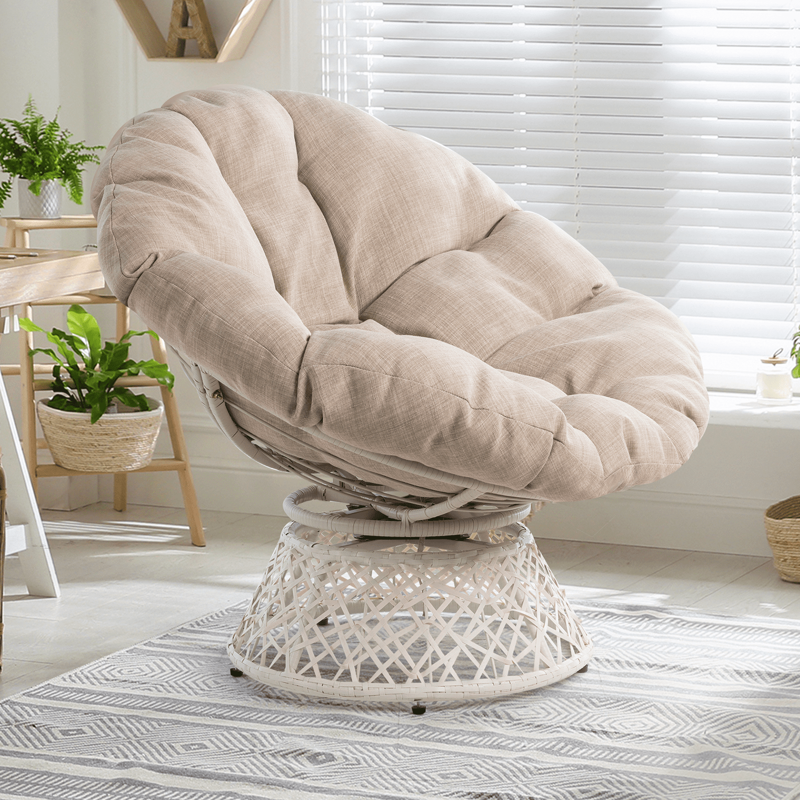 Aile 360 Swivel Comfy Papasan Chair with Fabric Cushion, Sturdy Metal Frame (Pure Pearl - White Frame)