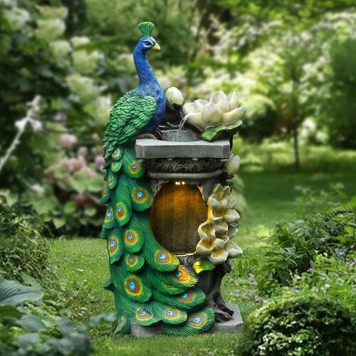 Resin Blue and Green Peacock Outdoor Fountain with LED Light Multi-Color 31.69"