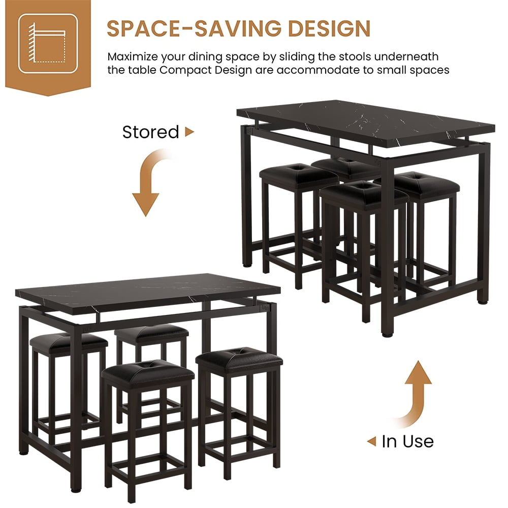 5 Piece Bar Table Set, Kitchen Counter Height Table with 4 Stools, Space Saving Pub Table Set for 4 Person with Metal Frame, Wood Dining Table & Chair Set for Breakfast Nook Pub Bistro, B945