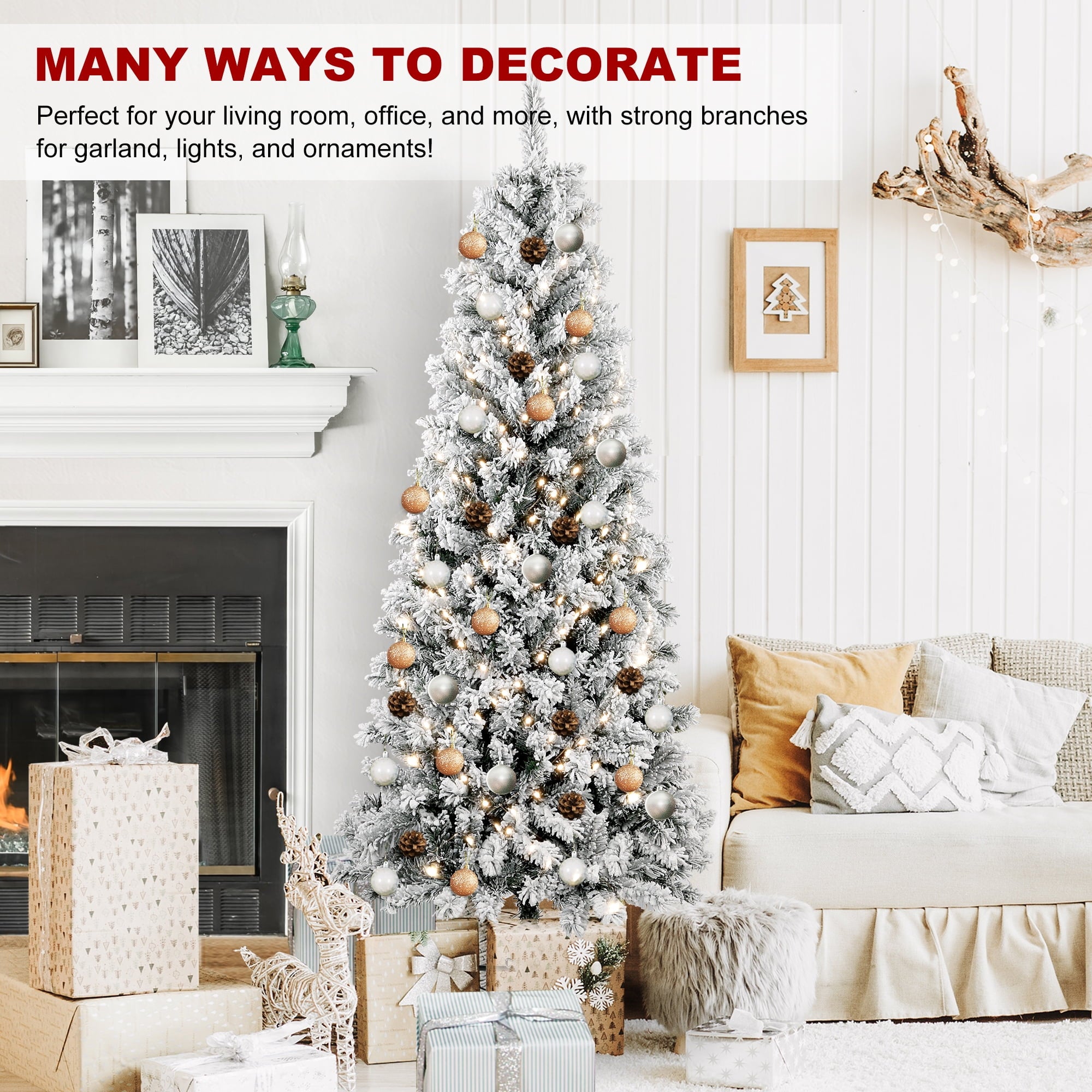 6Ft White Flocked Christmas Tree, Unlit Hinged Snow Flocked Artificial Artificial Christmas Tree 586 Snow Branch Tip, for Home Store Office Party Decoration