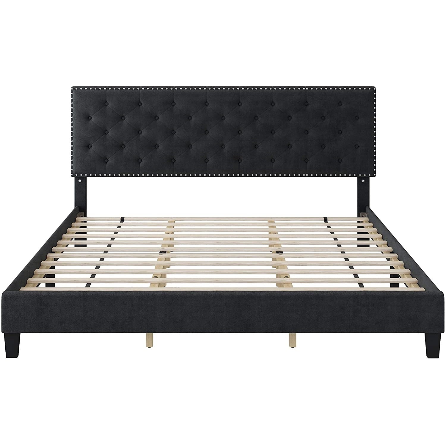 Homfa King Size Bed, Modern Upholstered Platform Bed Frame with Adjustable Headboard for Bedroom, Black