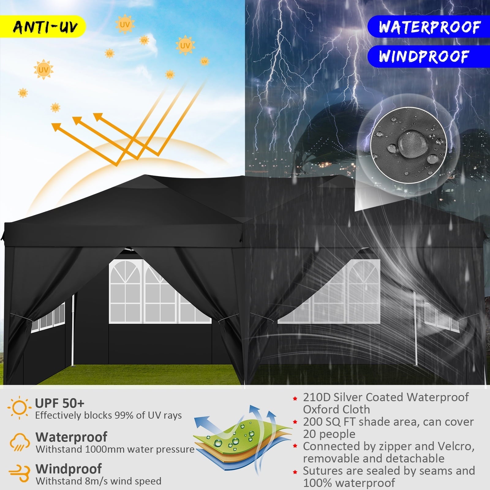 SANOPY 10' x 20' EZ Pop Up Canopy Tent Party Tent Outdoor Event Instant Tent Gazebo with 6 Removable Sidewalls and Carry Bag, Black
