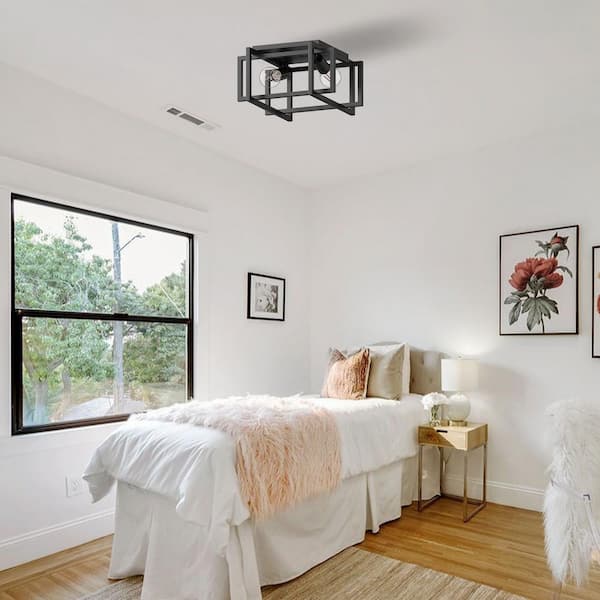 11.5 in. 2-Light Matte Black Square Frame Flush Mount Ceiling Light Fixture, Hallway Light Fixtures Ceiling