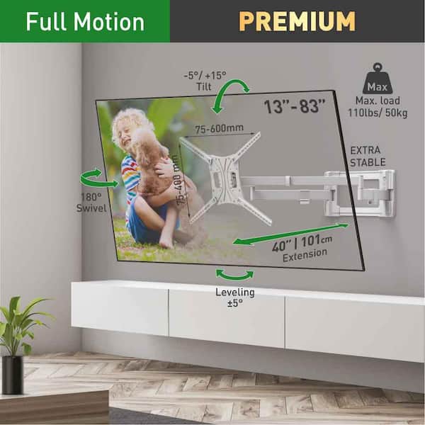 Barkan 13 in. - 80 in. Full Motion - 4 Movement Extra Long Dual Arm Flat/Curved TV Wall Mount White Extremely Extendable