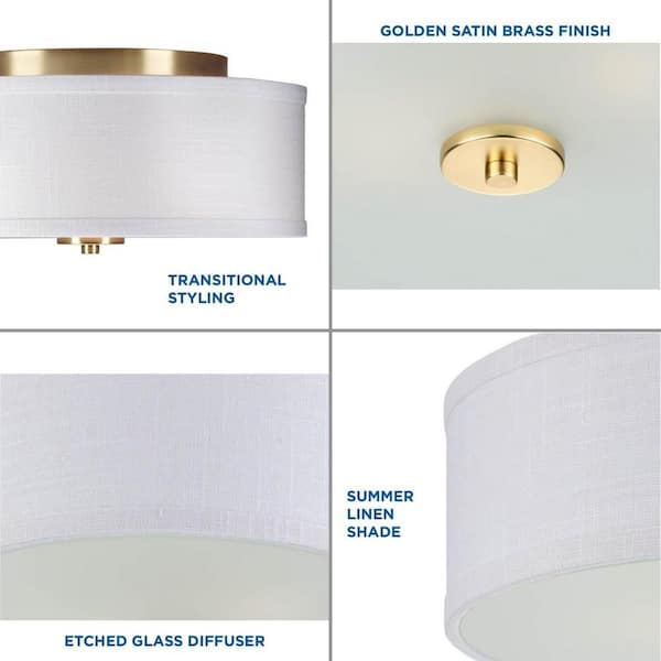 Inspire Collection 2-Light Satin Brass Summer Linen Shade Transitional Kitchen Ceiling Light Drum Flush Mount