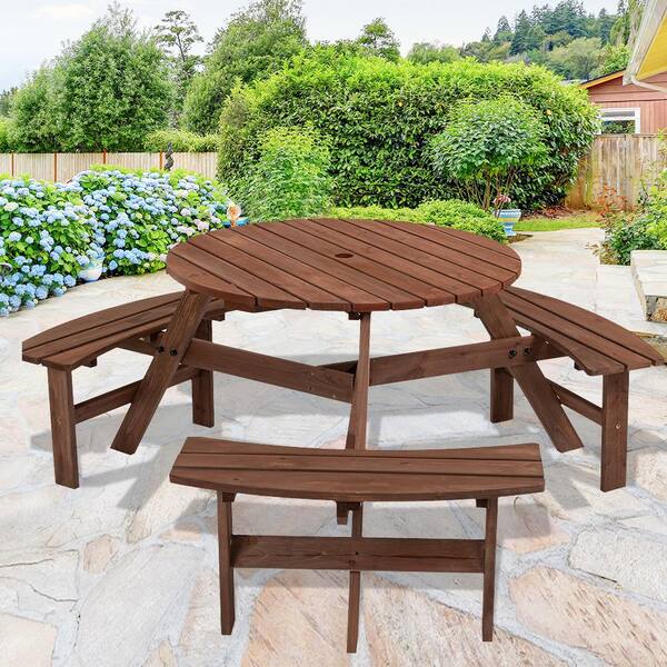 66.92 in. W 6-Person Brown Circular Solid Wood Outdoor Wooden Picnic Table w/3 Built-In Benches for Backyard, Garden