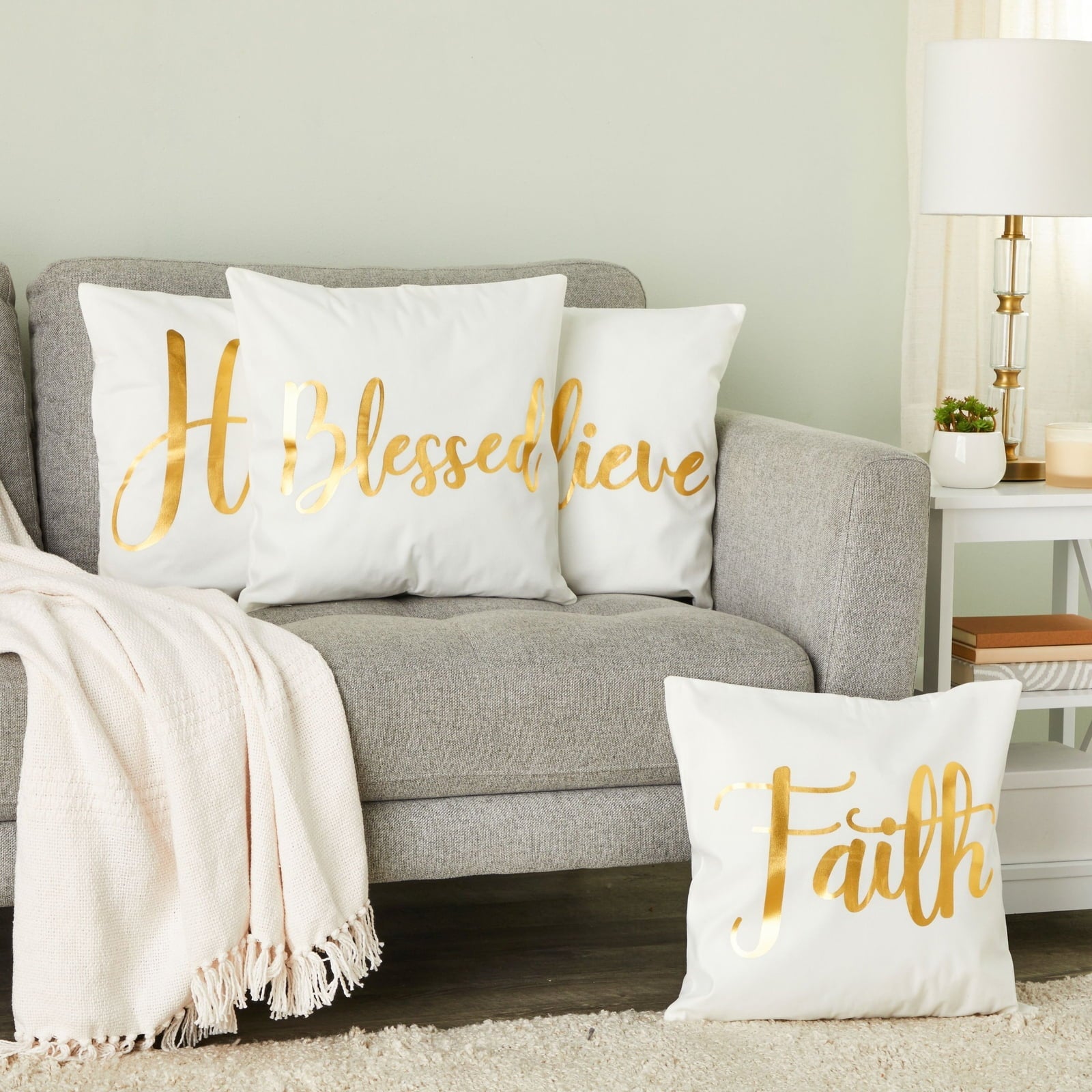 Juvale White Throw Pillow Covers, Blessed, Hope, Believe, and Faith (18 x 18 in, 4 Pack)