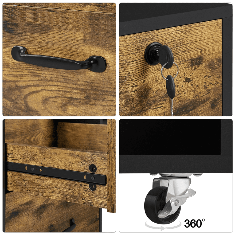 Smile Mart Rolling File Cabinet with 2 Drawers and Shelf, Black/Rustic Brown