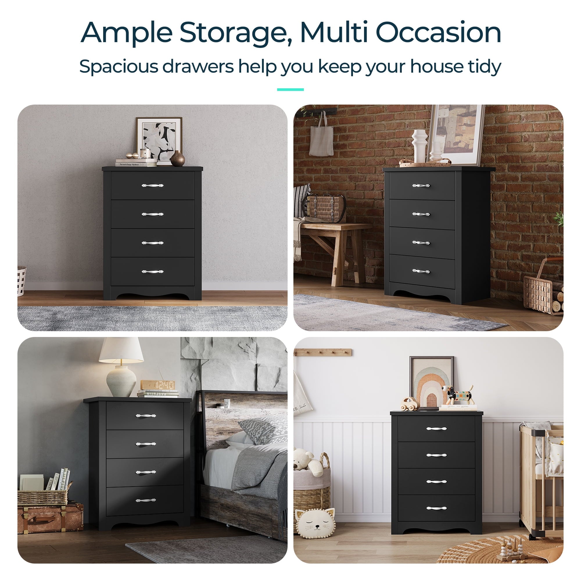 LINSY HOME Dressers for Bedroom, 4 Drawers Chest, Nursery Dresser Organizer, Tall Dresser Chest of Drawers - Black