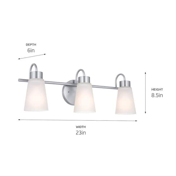 Erma 23 in. 3-Light Brushed Nickel Traditional Bathroom Vanity Light with Satin Etched Glass Shades
