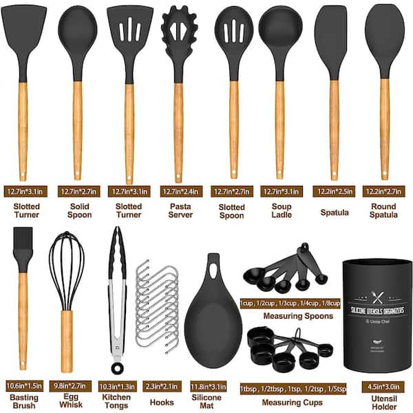 33-Piece Silicon Cooking Utensils Set with Wooden Handles and Holder for Non-Stick Cookware, Black