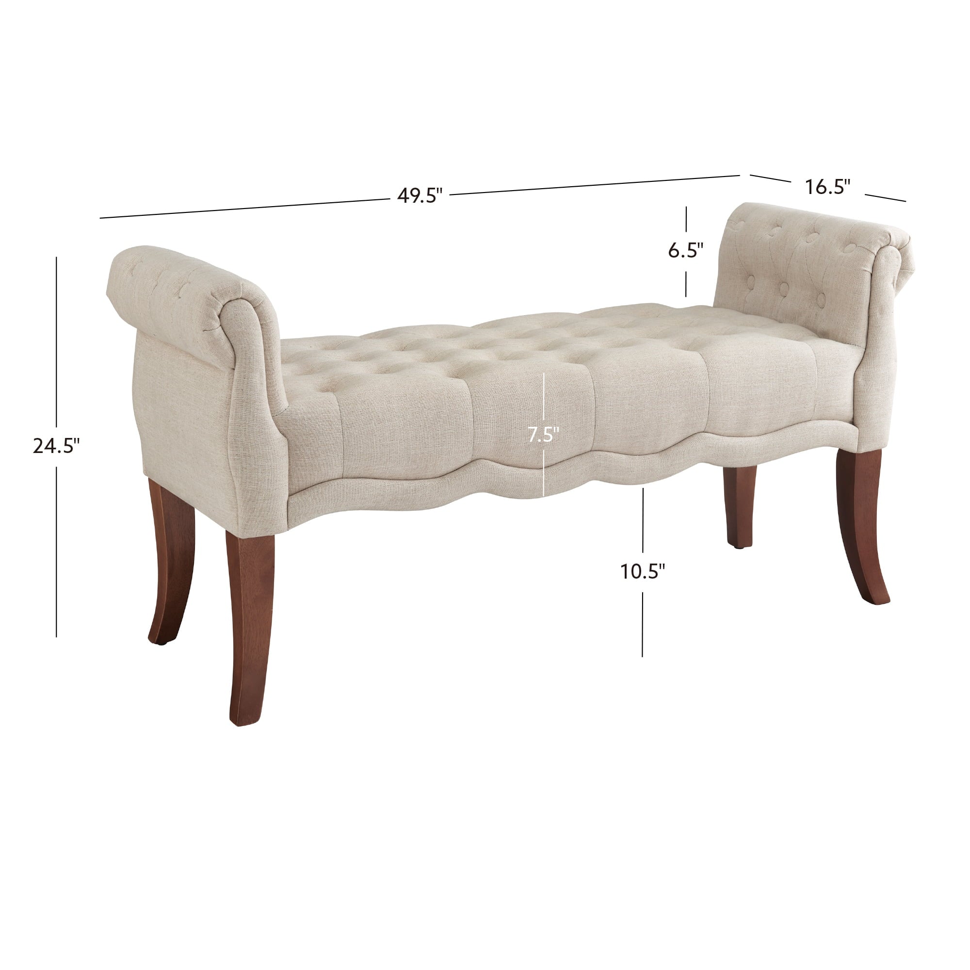 Linon Menlo Rolled Arm Button Tufted Bench, Dark Walnut Finish with Natural Fabric