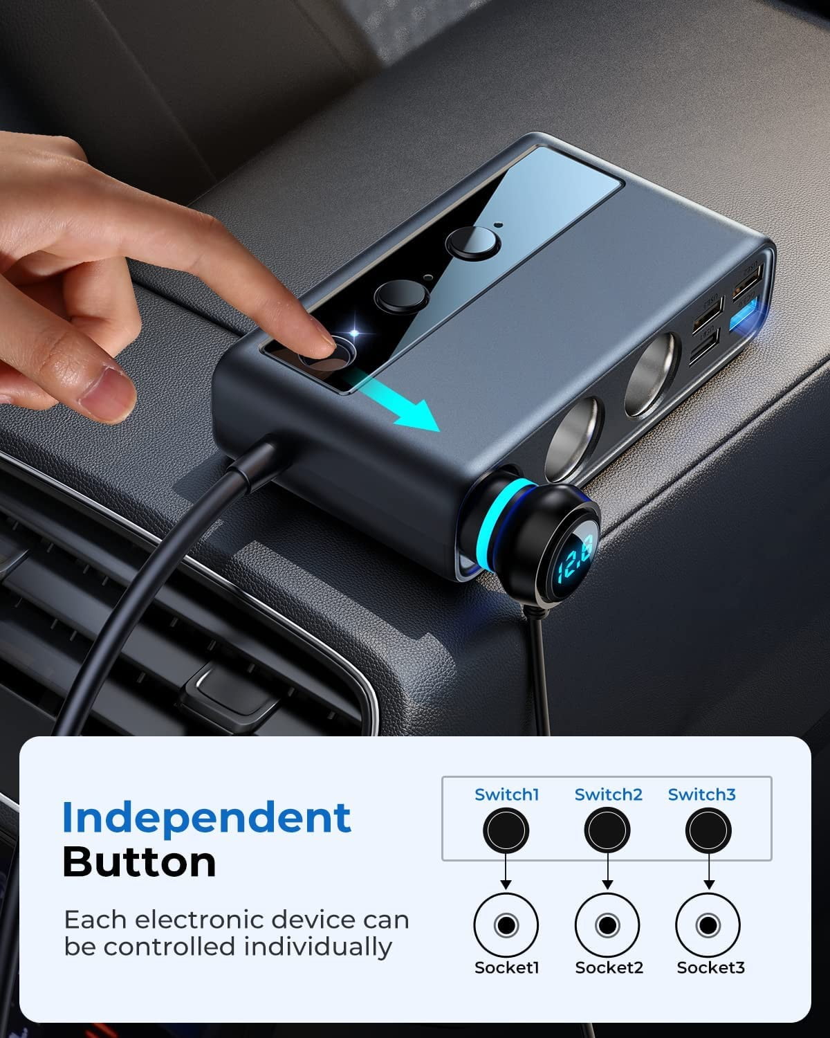 JOYROOM 3 Socket Car Cigarette Lighter Adapter, 154W PD & QC 3.0 Fast USB Car Charger, 12V/24V DC Outlet Cigarette Lighter Splitter with Individual Switches for All Car Devices