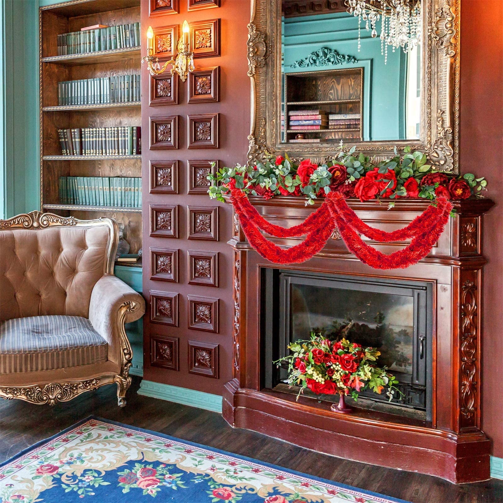 Tinsel Garland, 33 FEET Happiwiz Silver Tinsel Christmas Garland Christmas Tree Decrations Wedding Birthday Party Supplies, RED