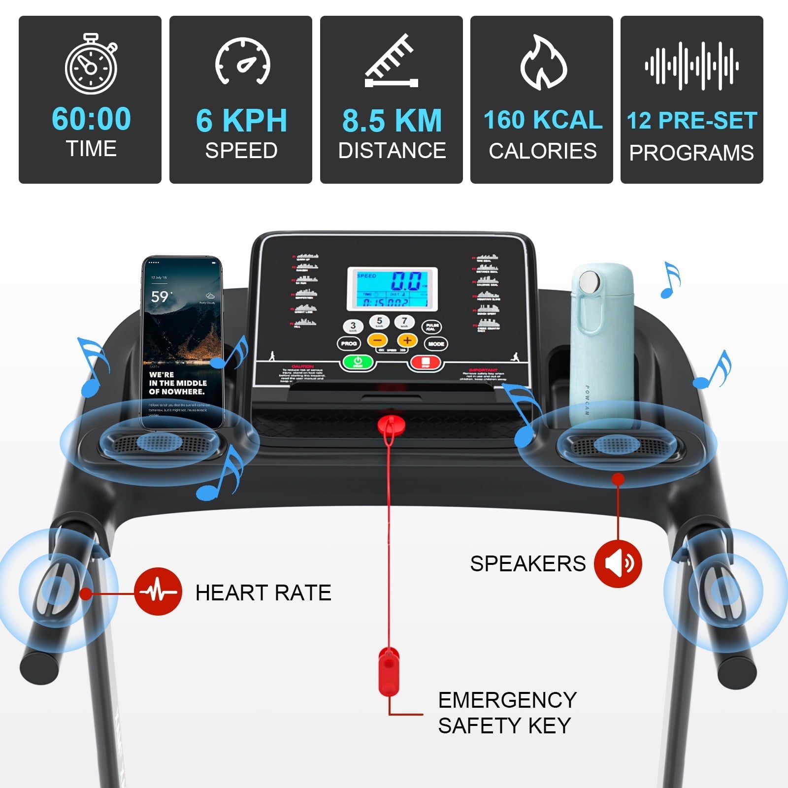 GEEMAX Electric Motorized Treadmill with 4 Incline Levels, Speakers, bluetooth, APP Control, LCD and Pulse Monitor for Home Office Walking Running , 220 LB Max Weight - T12C5