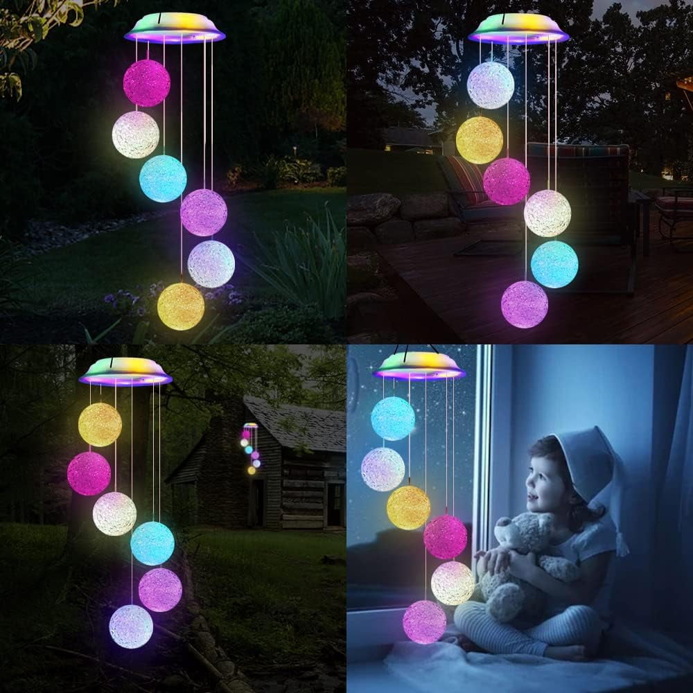 Qoosea Solar Wind Chimes Lights Outdoor, Color Changing Crystal Ball LED Light Solar Powered Wind Chime Waterproof Hanging Solar Mobile Lamp for Christmas Garden Decoration