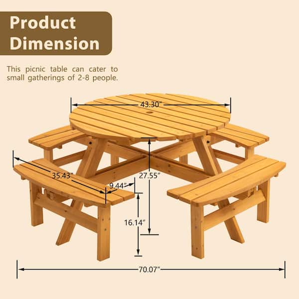 8-Person Circular Outdoor Wooden Picnic Table for Patio, Backyard, Garden, DIY w/4 Built-in Benches, 2200 lbs. Capacity