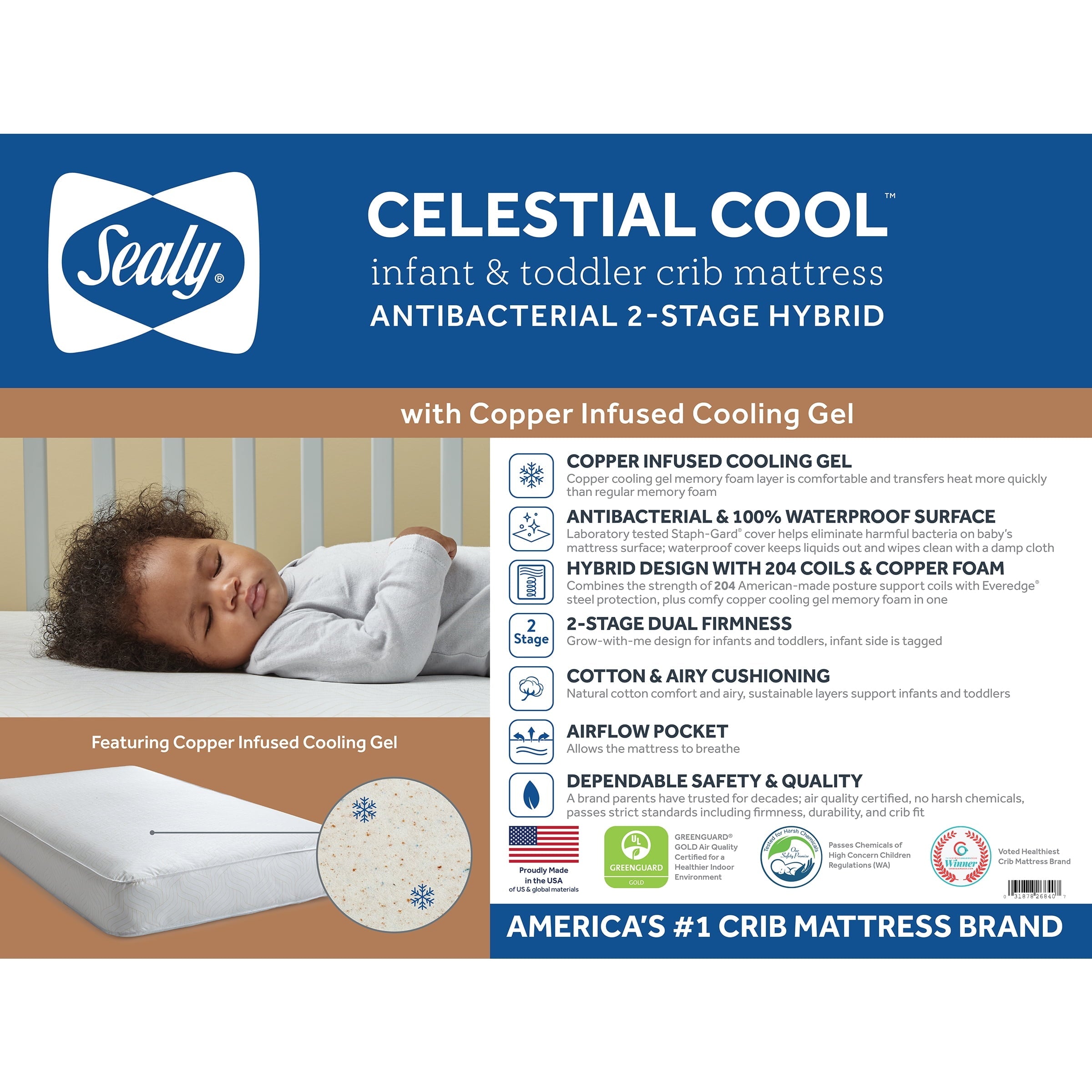 Celestial Cool Ultra-Premium 2-Stage Hybrid Antibacterial Crib & Toddler Mattress, Cool Copper Gel