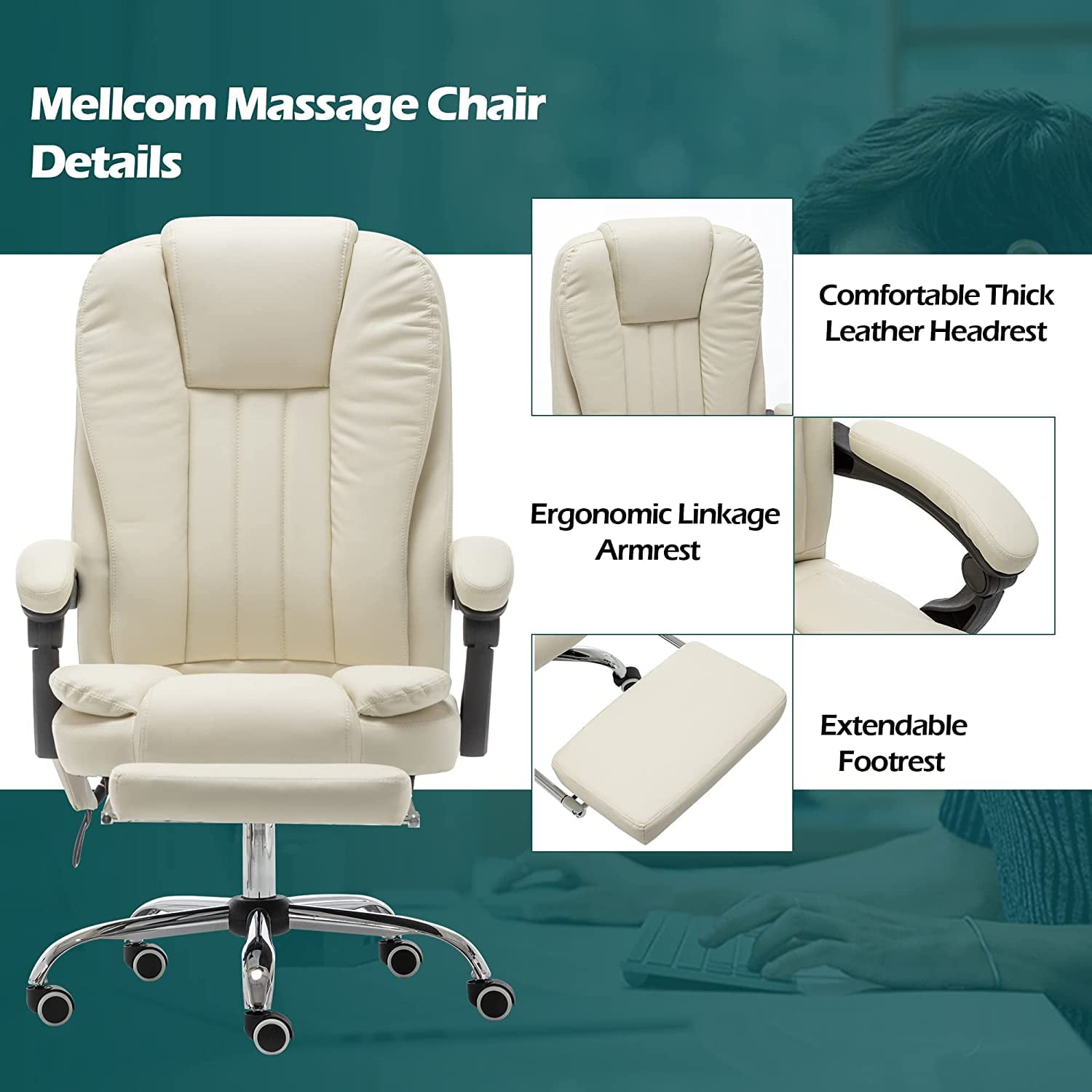 Mellcom Massage Office Chair, Pu Leather Executive Computer Gaming Chair, Beige