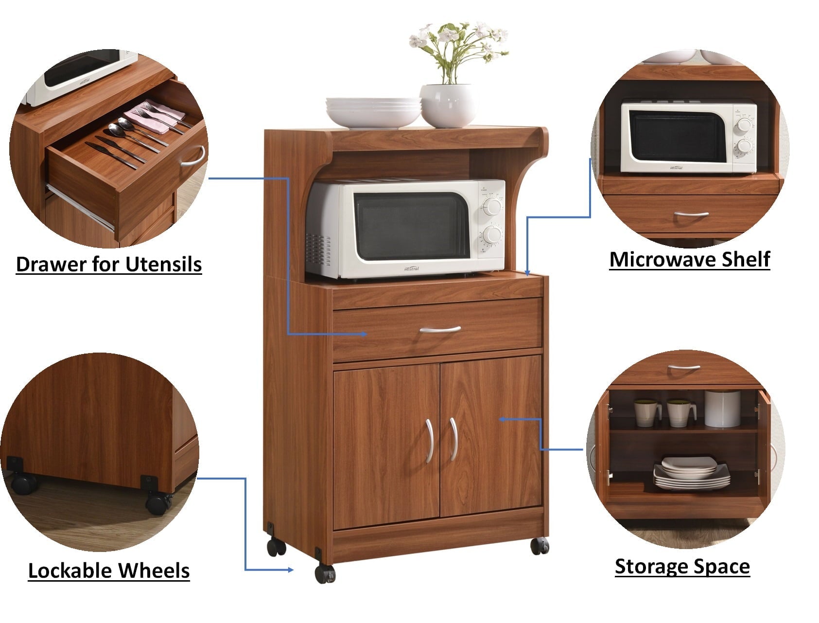 Hodedah Microwave Kitchen Cart, Cherry