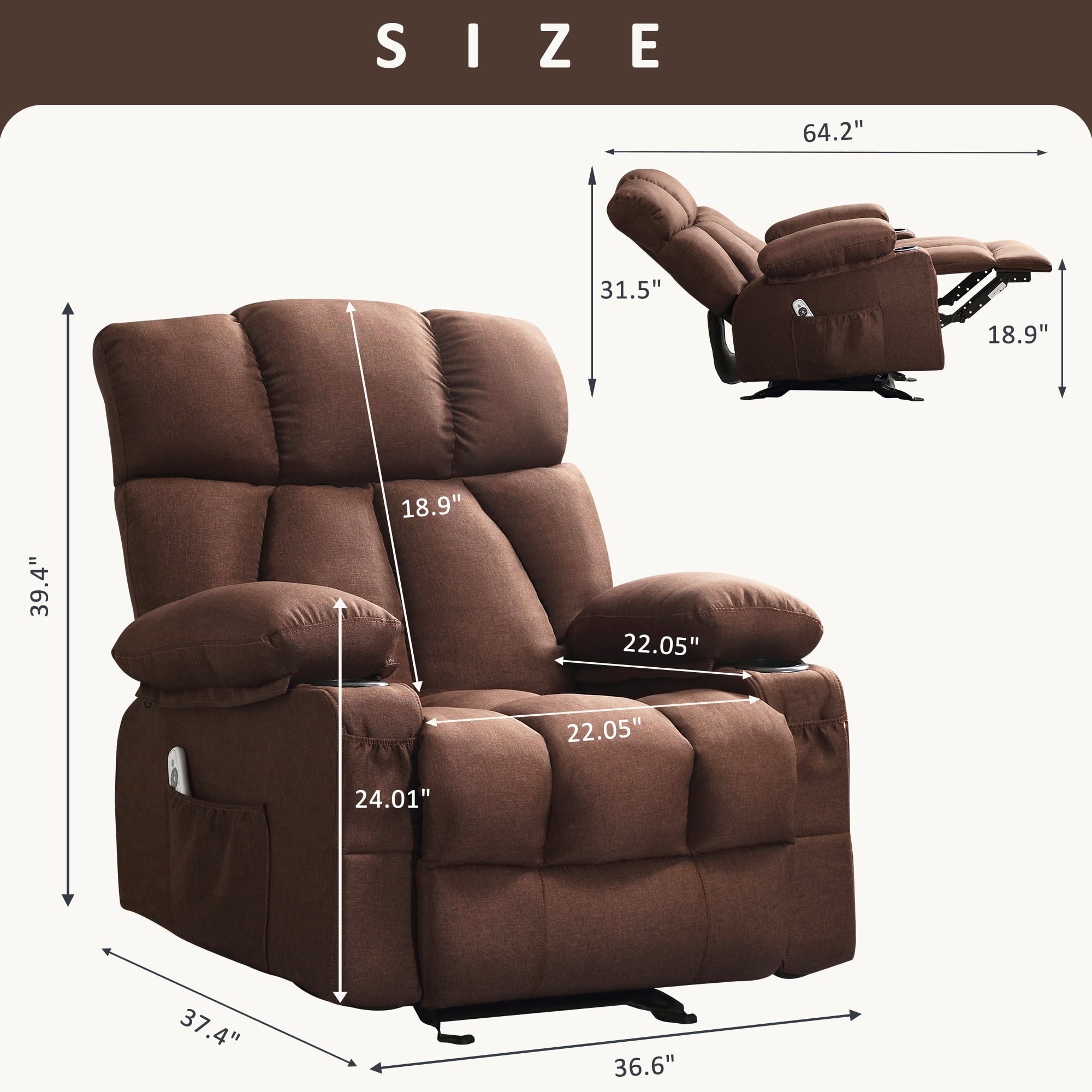JONPONY Manual Recliner Chair with Heat Therapy and Massage Function, Heavy Duty Reclining Mechanism Massage Chair, Elderly Single Rocker Sofa with Cup Holders for Bedroom Home Theater,Brown