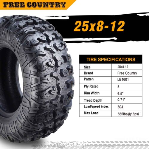 Set 2 Premium Free Country ATV/UTV Tires 25x8-12 25x8x12 /8PR Side Scuff Guard