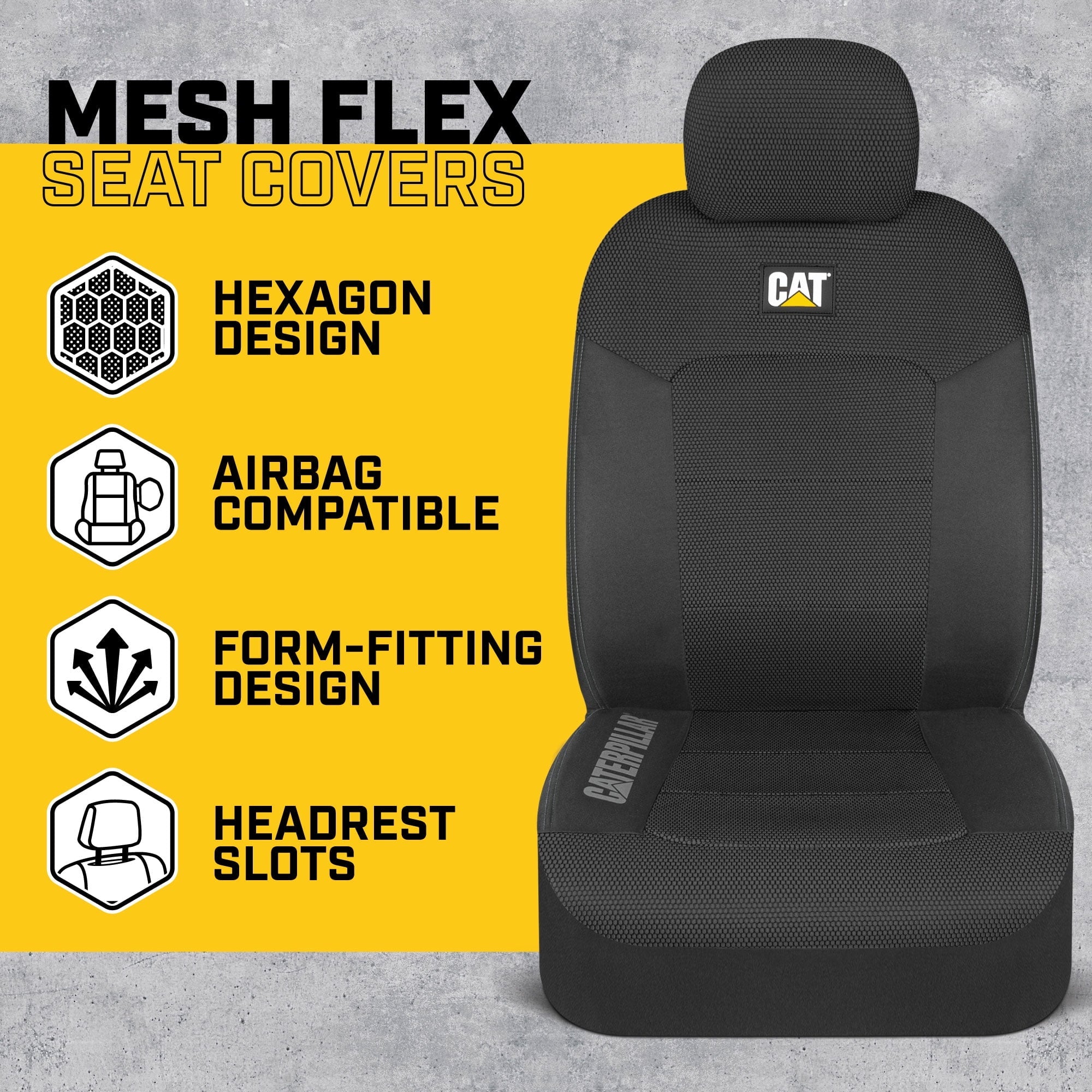 Caterpillar MeshFlex Automotive Seat Covers for Cars Trucks and SUVs (Set of 2) – Black Car Seat Covers for Front Seats, Truck Seat Protectors with Comfortable Mesh Back, Auto Interior Covers
