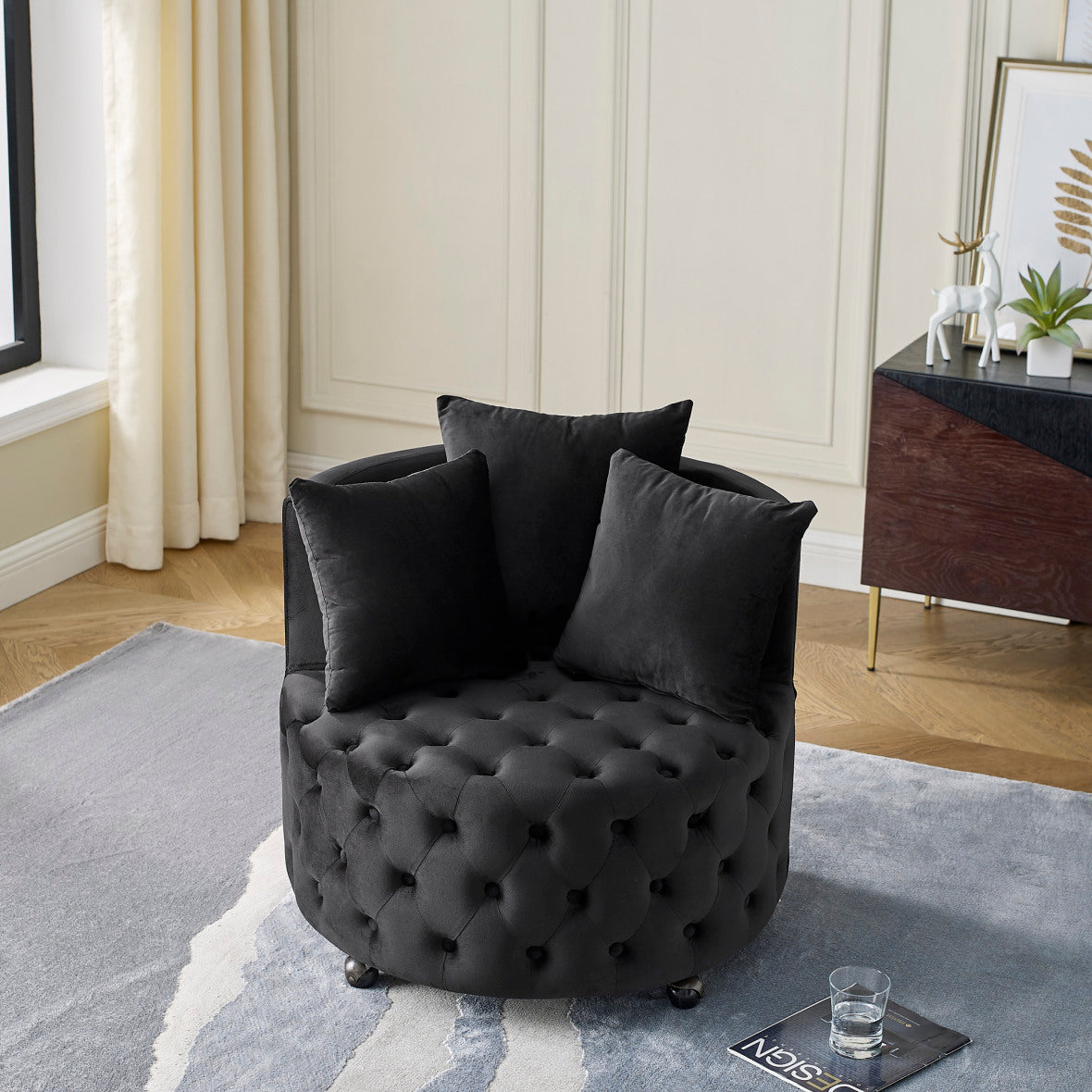 Swivel Barrel Chair, Modern Velvet Upholstered Lounge Chair with Button Tufted Design and Movable Wheels, Round Club Chair with 3 Pillows for Bedroom, Living Room, Lounge, Hotel. Black.