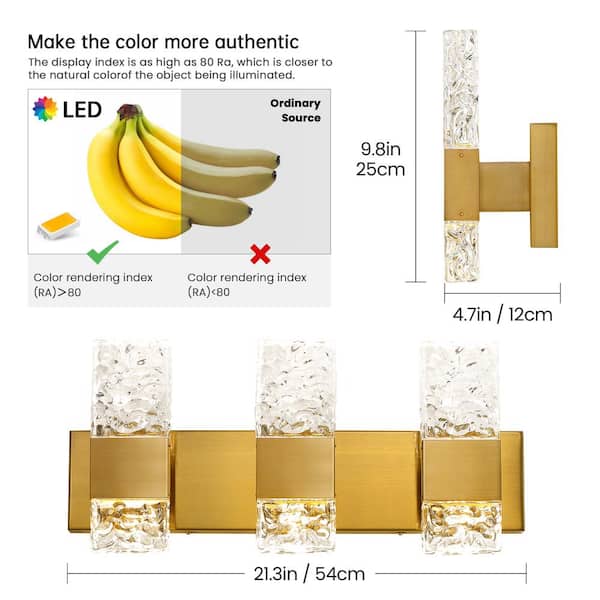 21.3 in. 3-Light Brushed Gold LED Bathroom Vanity Light with Crystal Shade