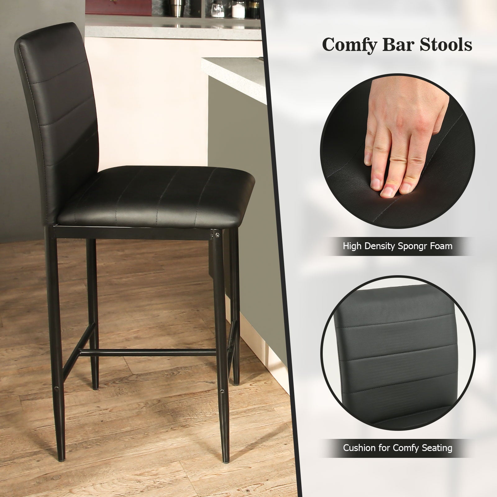 Surmoby Bar Stools Set of 2,Faux Leather Counter Height Bar Stools Set of 2,Industrial Stool Chairs with Back and Footrest,Black