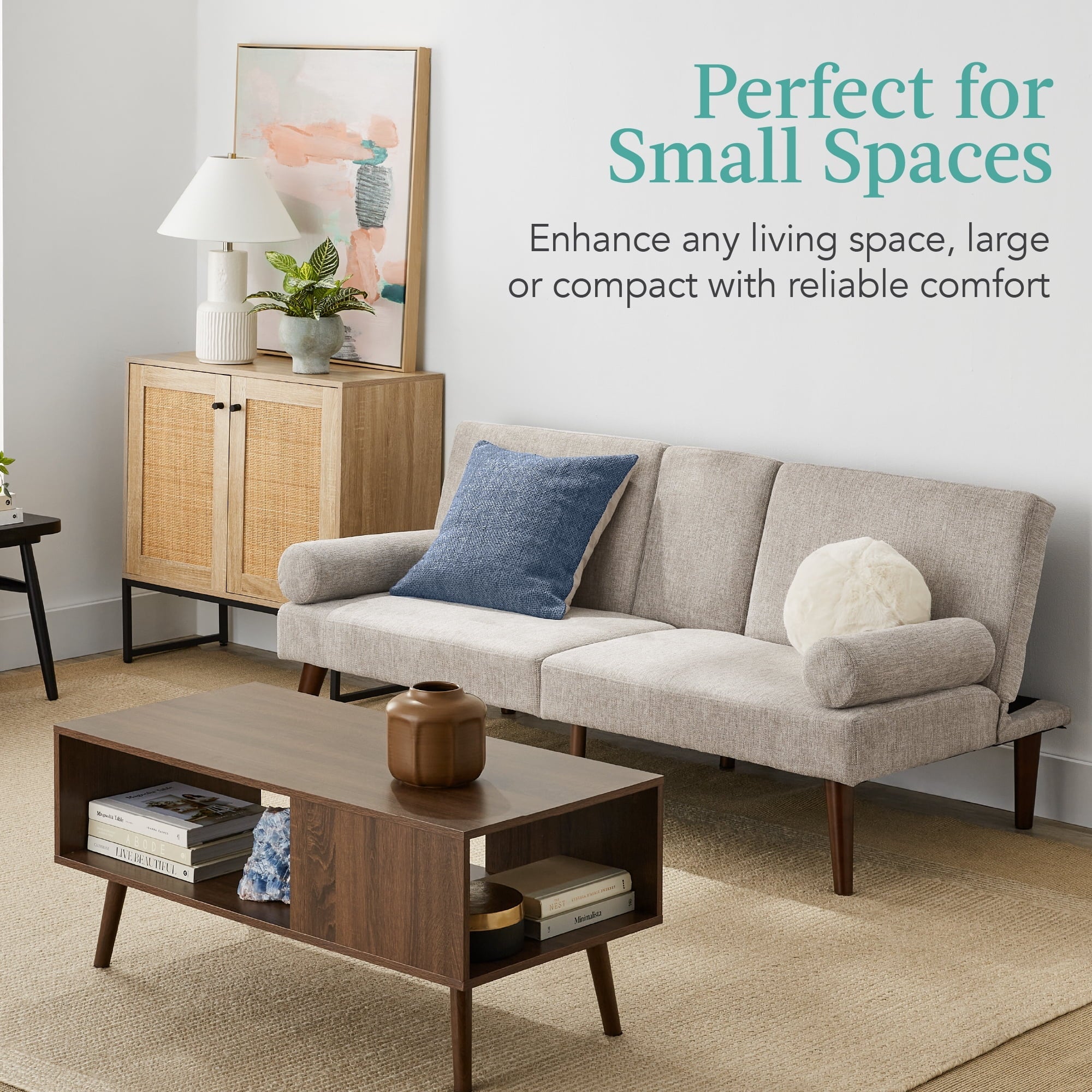 Best Choice Products Fabric Upholstered Convertible Futon w/ Rounded Armrests, Wooden Legs, 2 Cupholders - Sand