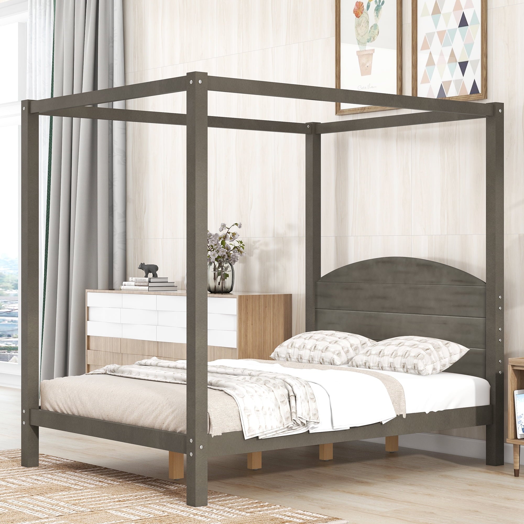 EUROCO Wood Full Size Canopy Bed, Solid Wood Platform Bed with Headboard for Kids Bedroom, Brown