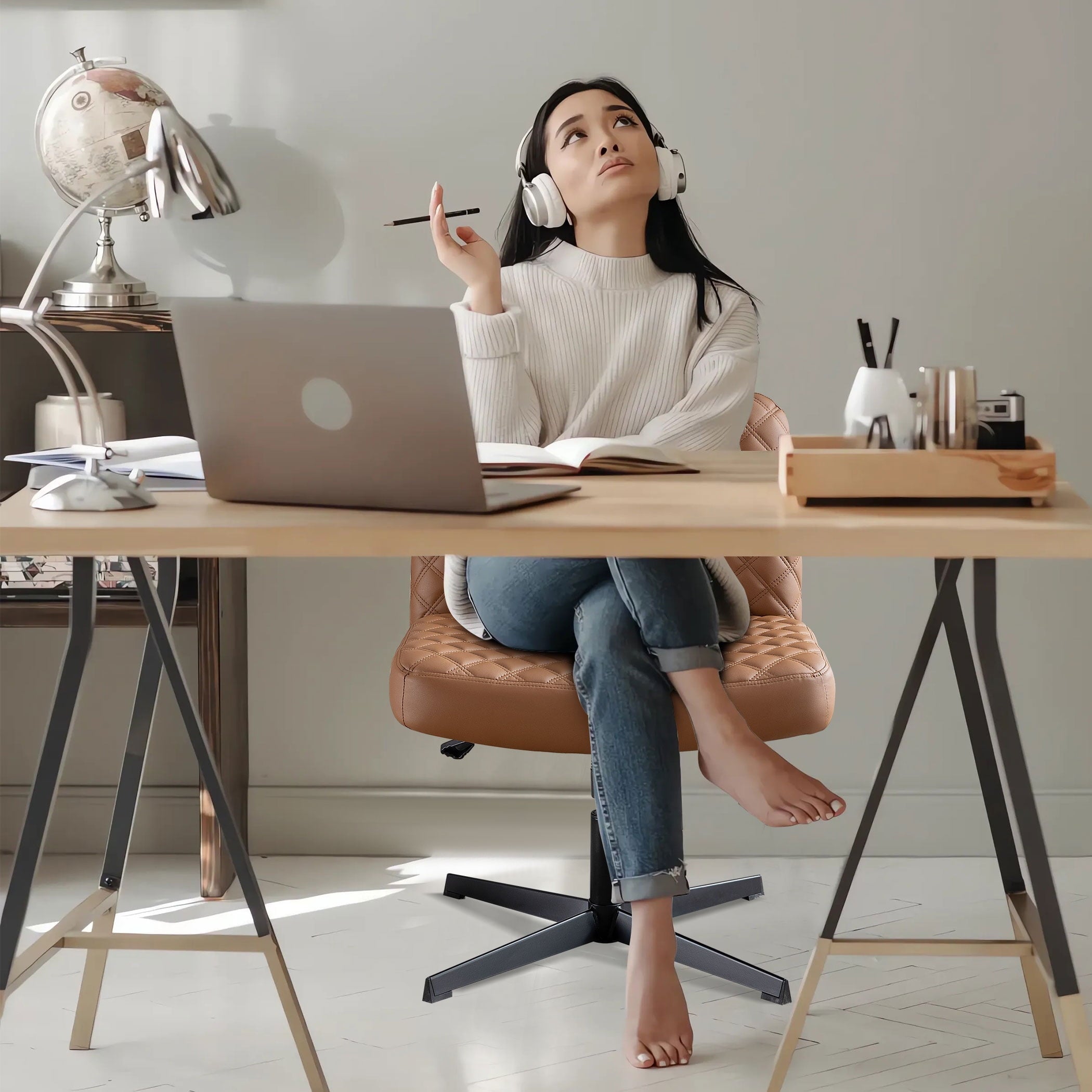 JONPONY Armless PU Leather Office Desk Chair,Cross Legged Home Office Chair No Wheels Heavy Duty Metal Base,120° Rocking Ergonomic PC Chair,Brown