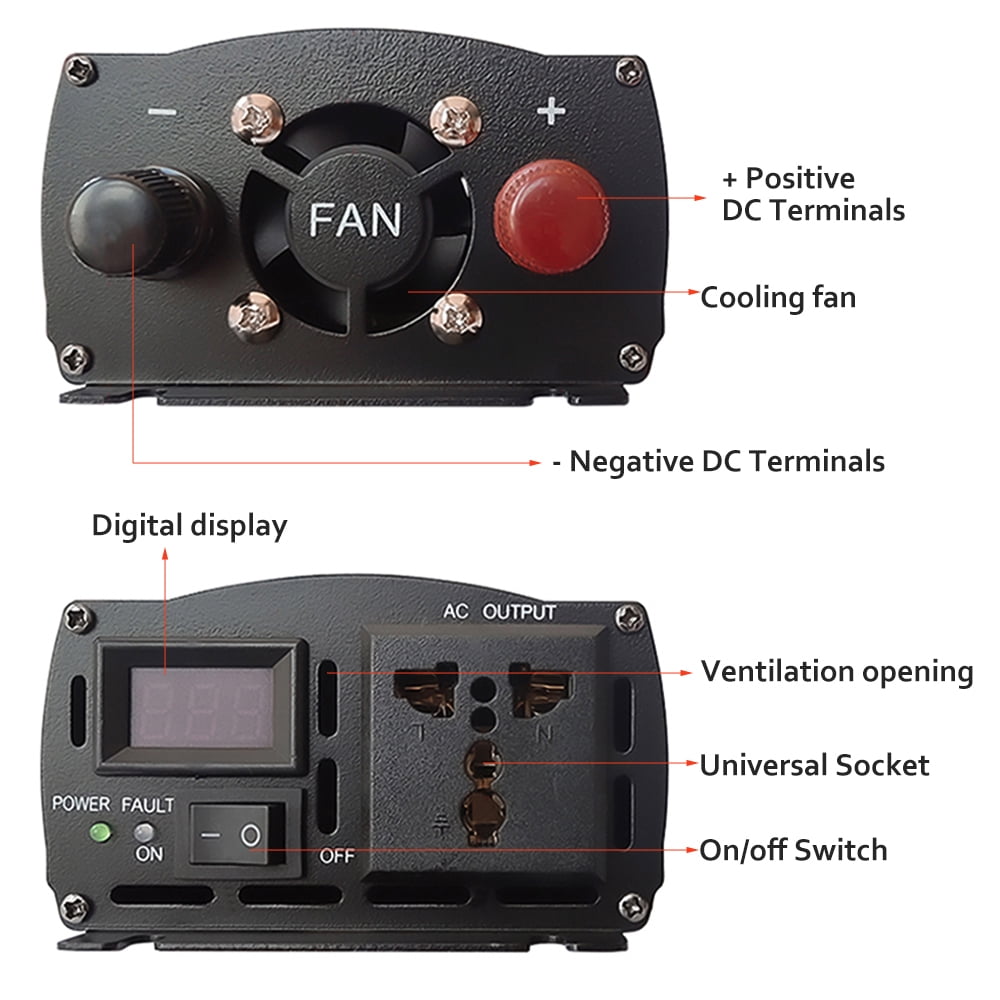 DFITO Car Power Inverter 1000W DC 12V to AC 110V Pure Sine Wave Solar Converter LCD
