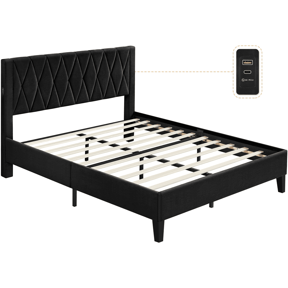 Topeakmart Queen Size Upholstered Platform Bed with Built-In USB Ports & Tufted Headboard, Black