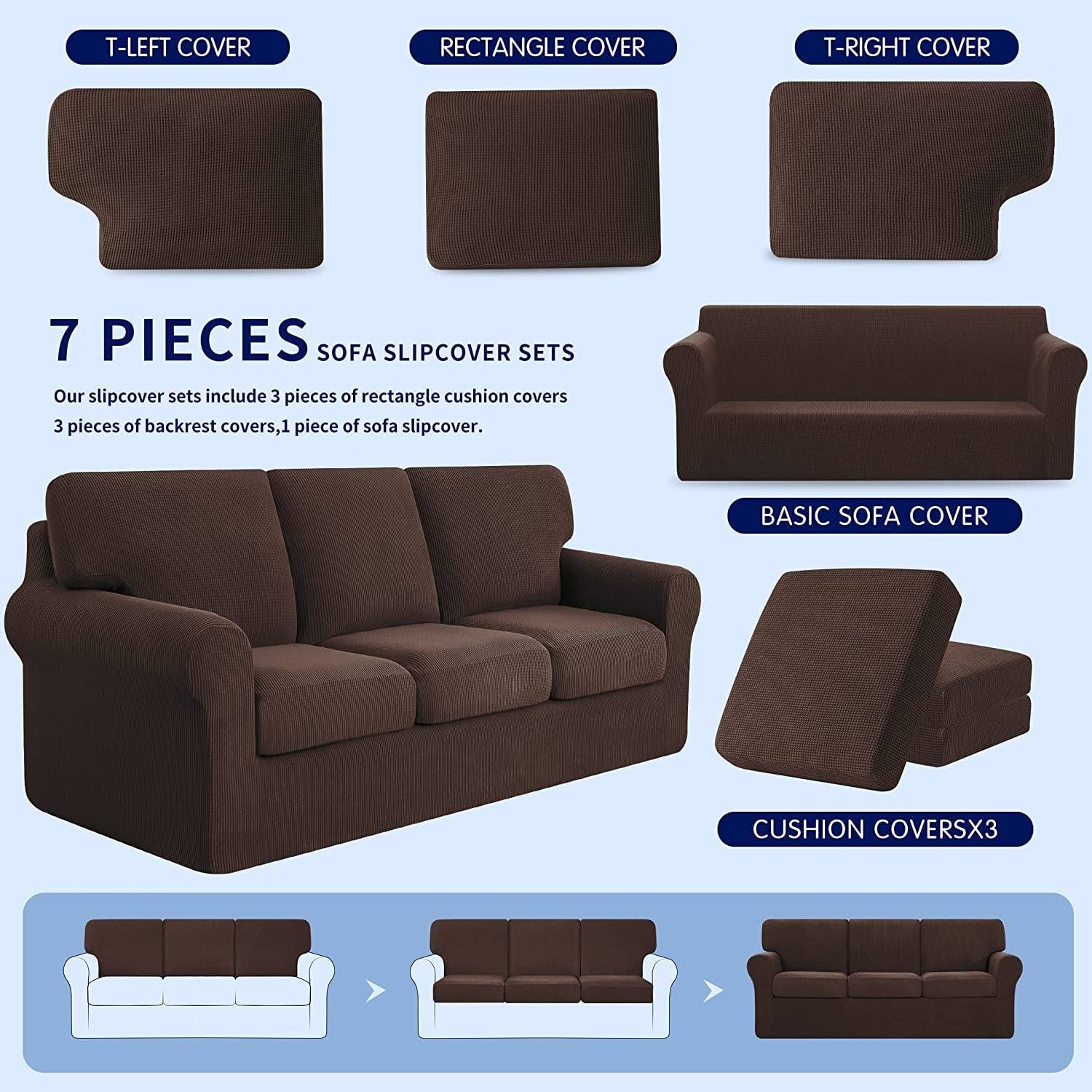 Subrtex Sofa Slipcover Sets 7 Pieces Stretch Couch Cover Backrest Cushion Covers (Sofa, Chocolate)