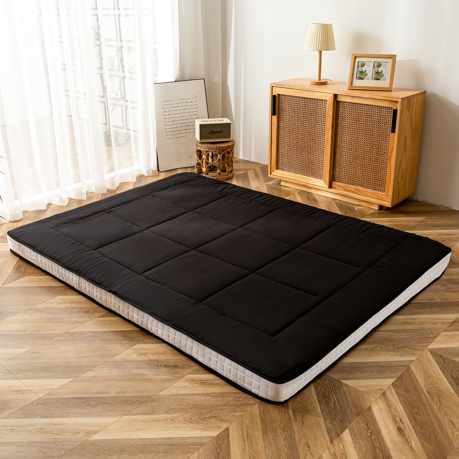Mattress, Padded Japanese Floor Mattress Quilted Bed Mattress Topper, Extra Thick Folding Sleeping Pad, Black, Twin